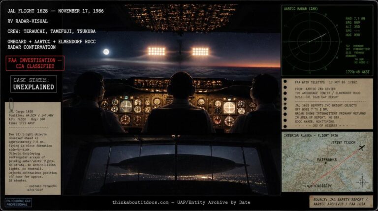 Intelligence dossier illustration of the November 17 1986 JAL Flight 1628 encounter showing the Boeing 747 cockpit view with two unidentified craft displaying pulsating amber light arrays directly ahead and the silhouette of a massive walnut-shaped object in the background over Fairbanks with onboard radar inset and HUD overlay marking the case as RV Radar-Visual Unexplained