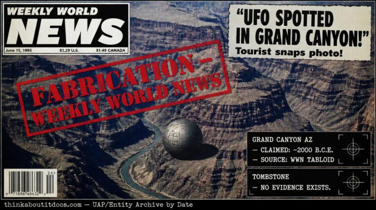 Deliberately crude dossier-style tombstone image showing a poorly composited metallic sphere at the bottom of the Grand Canyon at Comanche Point with a red FABRICATION stamp indicating the Weekly World News tabloid origin of the claim