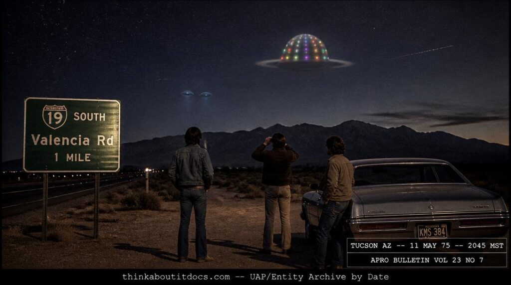Dossier-style reconstruction of the May 11 1975 Tucson Arizona hat-shaped UFO sighting showing a derby-dome-shaped craft with blending multicolored lights and two small blue disc satellites over the desert west of Tucson with witnesses and binoculars beside a car
