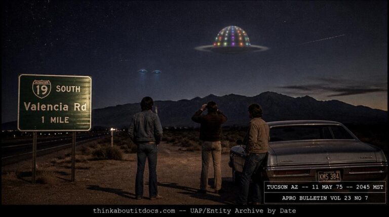 Dossier-style reconstruction of the May 11 1975 Tucson Arizona hat-shaped UFO sighting showing a derby-dome-shaped craft with blending multicolored lights and two small blue disc satellites over the desert west of Tucson with witnesses and binoculars beside a car