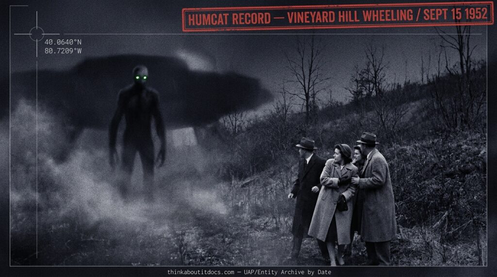 Dossier-style reconstruction of a ten-foot entity with glowing green eyes standing on Vineyard Hill near Wheeling West Virginia at night September 15 1952 with chemical mist and terrified witnesses in the background