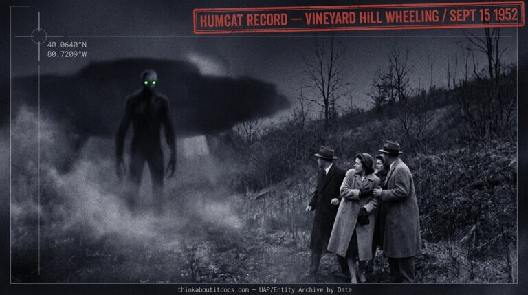 Dossier-style reconstruction of a ten-foot entity with glowing green eyes standing on Vineyard Hill near Wheeling West Virginia at night September 15 1952 with chemical mist and terrified witnesses in the background