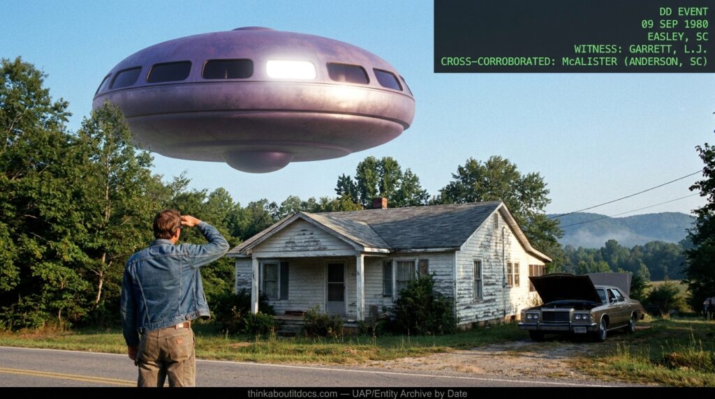 Dossier-style illustration of a massive purplish-gray dome-shaped craft hovering at treetop level over a rural home in Easley, South Carolina, September 1980, with a witness standing in the yard looking up.