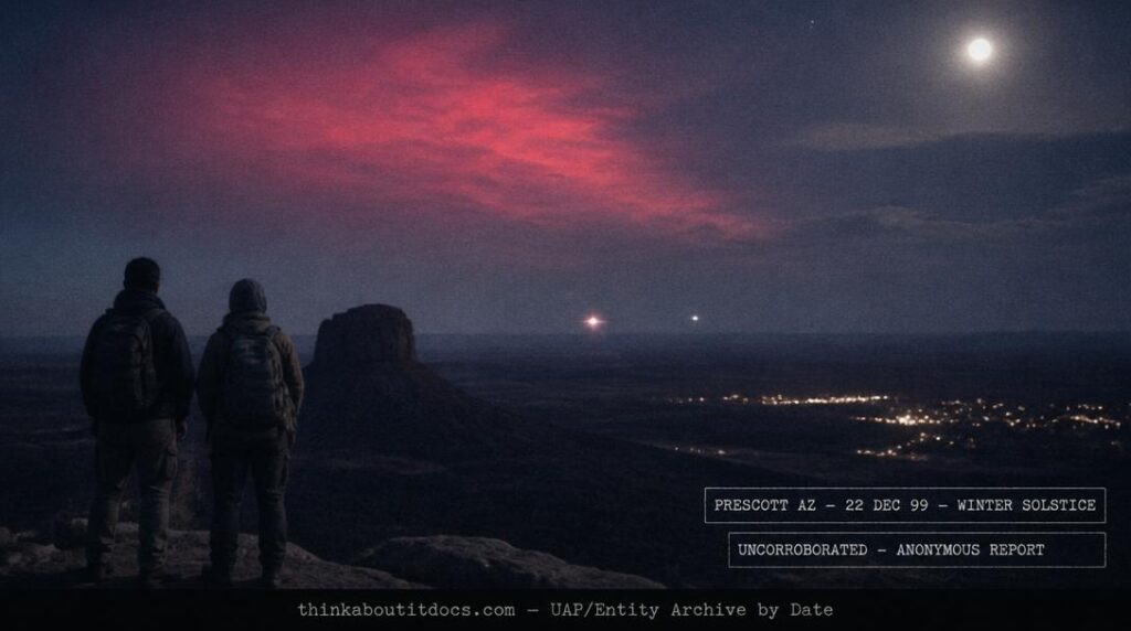 Dossier-style reconstruction of the December 22 1999 Prescott Arizona UFO sighting showing two white lights over empty desert terrain south of Skull Valley with the residual glow of a red flash and Thumb Butte silhouetted under a full moon