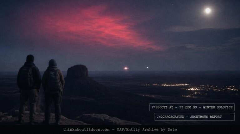 Dossier-style reconstruction of the December 22 1999 Prescott Arizona UFO sighting showing two white lights over empty desert terrain south of Skull Valley with the residual glow of a red flash and Thumb Butte silhouetted under a full moon