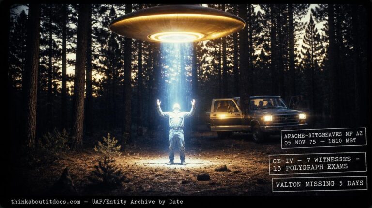 Dossier-style reconstruction of the November 5 1975 Travis Walton abduction showing a young man caught in a blue-white beam beneath a golden disc hovering over Ponderosa pines in the Apache-Sitgreaves National Forest at dusk with a crew truck in the background