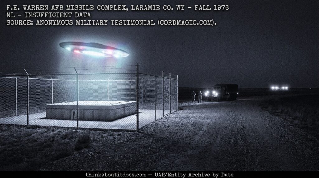 Dossier-style night reconstruction of a pulsating cigar-shaped UFO hovering above a Minuteman III missile silo at F.E. Warren AFB complex Wyoming fall 1976 with a Security Alert Team truck stationary on a gravel road refusing to approach
