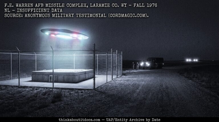 Dossier-style night reconstruction of a pulsating cigar-shaped UFO hovering above a Minuteman III missile silo at F.E. Warren AFB complex Wyoming fall 1976 with a Security Alert Team truck stationary on a gravel road refusing to approach