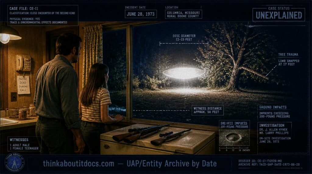 Intelligence dossier image for the June 28 1973 Columbia Missouri CE-II showing a brilliantly glowing silver-white disc hovering near ground level fifty feet from a mobile home kitchen window as a father and daughter watch from inside with rifles nearby and trees agitate violently in the disc light