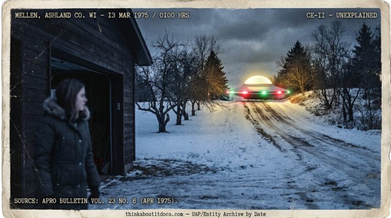 Dossier-style Ektachrome night reconstruction of a silvery disc with a glowing yellowish-white dome and flashing red and green midsection lights sitting on a snow-covered rural road on a hill near Mellen Ashland County Wisconsin March 1975 with a teenage girl standing in a garage doorway looking up