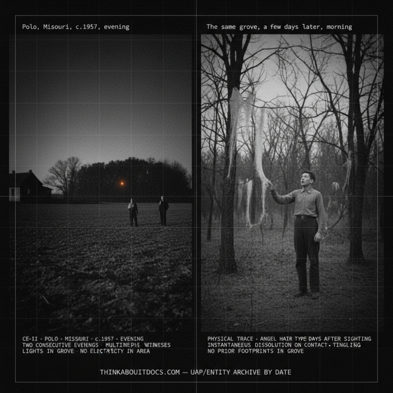 Two-panel 1930s Depression-era press photography dossier for the circa 1937 Polo Missouri CE-II: left panel shows rural Missouri residents watching colored amber-orange lights moving vertically inside a distant wooded grove at evening in a pre-electricity landscape; right panel shows a teenager in the same grove in daylight with long whitish cobweb or cotton candy textured strands hanging from the trees, one strand mid-dissolution where his fingers touch it.