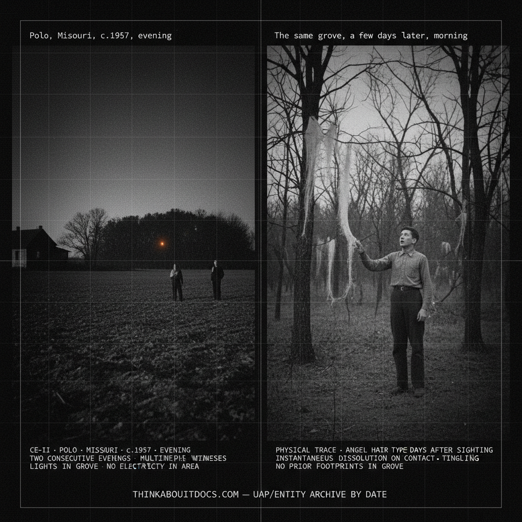 Two-panel 1930s Depression-era press photography dossier for the circa 1937 Polo Missouri CE-II: left panel shows rural Missouri residents watching colored amber-orange lights moving vertically inside a distant wooded grove at evening in a pre-electricity landscape; right panel shows a teenager in the same grove in daylight with long whitish cobweb or cotton candy textured strands hanging from the trees, one strand mid-dissolution where his fingers touch it.