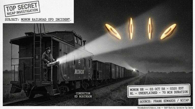 Dossier-style reconstruction of the 1958 Monon Railroad UFO incident showing four luminous disc-shaped objects flying edge-on behind a freight train caboose in predawn Indiana darkness as a conductor aims a sealed-beam flashlight at them