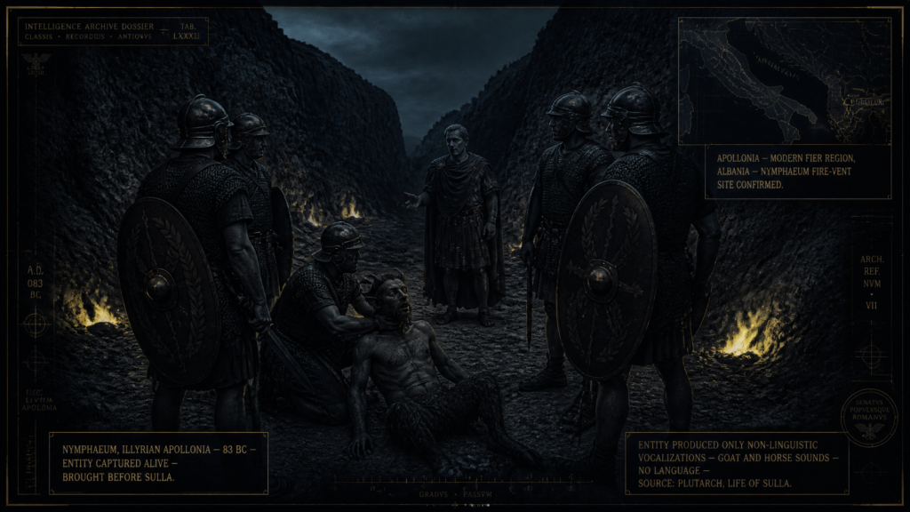 Wide single-panel intelligence archive illustration depicting the 83 BC encounter at the Nymphaeum near Illyrian Apollonia: Roman Republican soldiers in a circle around a captured satyr-type entity on the rocky valley floor while sulphurous flames vent from ground fissures, with Roman general Sulla standing apart questioning the entity which produces only animal vocalizations, rendered in deep Adriatic slate-black dossier style with antique brass HUD annotations and an Apollonia location map inset.