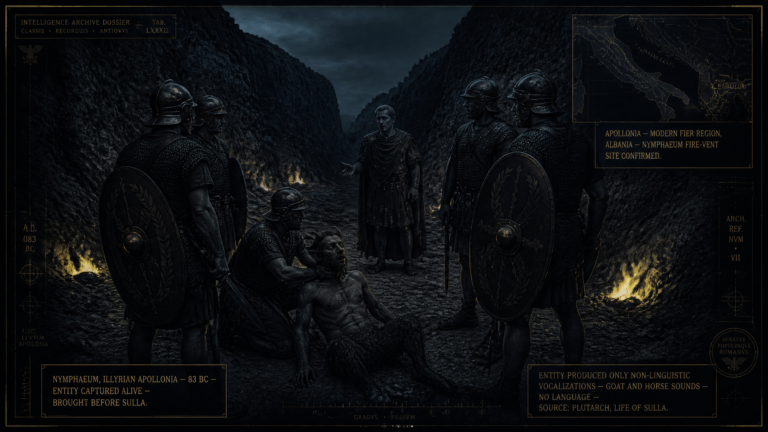 Wide single-panel intelligence archive illustration depicting the 83 BC encounter at the Nymphaeum near Illyrian Apollonia: Roman Republican soldiers in a circle around a captured satyr-type entity on the rocky valley floor while sulphurous flames vent from ground fissures, with Roman general Sulla standing apart questioning the entity which produces only animal vocalizations, rendered in deep Adriatic slate-black dossier style with antique brass HUD annotations and an Apollonia location map inset.