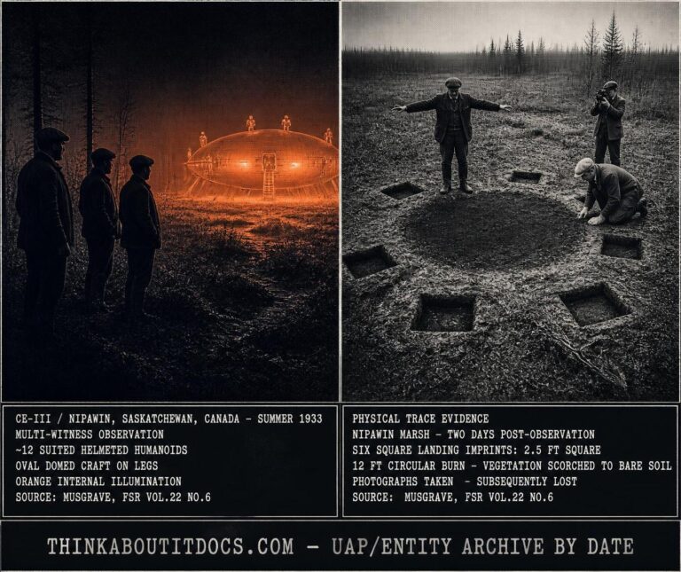 Two-panel 1930s press photography dossier for the 1933 Nipawin Saskatchewan UFO CE-III: left panel shows three witnesses at the treeline watching a large domed oval craft on legs glowing orange in the marsh with twelve silver-suited helmeted figures active on ladders in complete silence; right panel shows the same three witnesses at the dawn trace site two days later examining six square boilerplate-style landing imprints and a twelve-foot central burn circle, one photographing the evidence with a Brownie box camera.