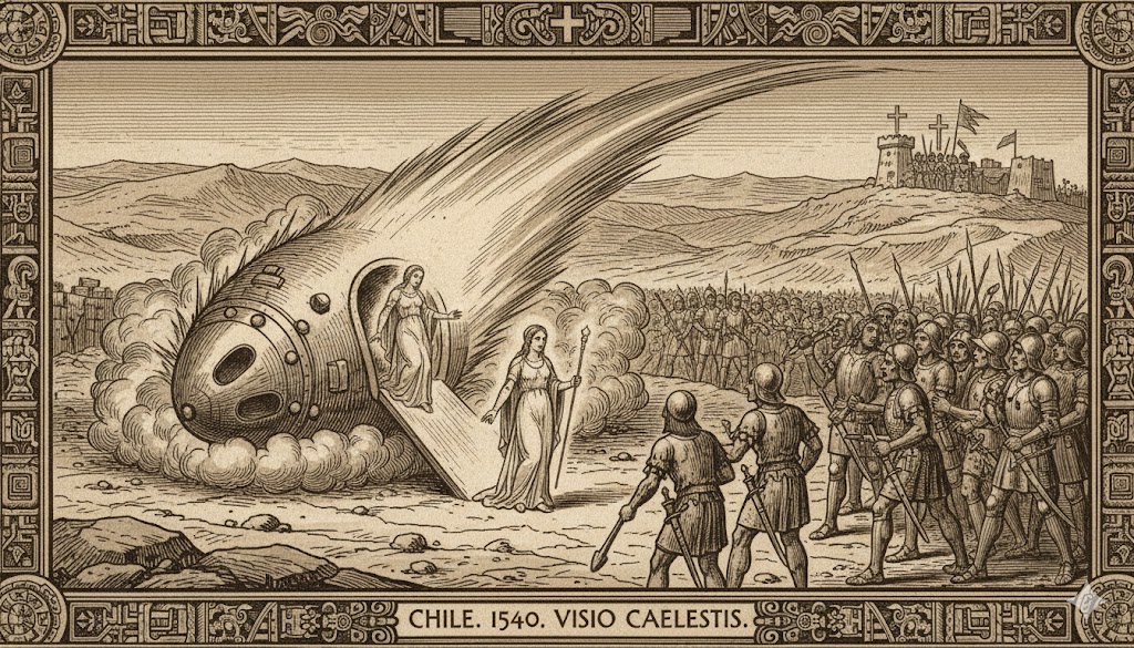 16th-century style woodcut of a comet landing in Chile with a woman in white appearing before soldiers