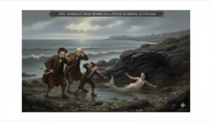 Historical illustration of the 1830 Benbecula mermaid sighting in Scotland showing crofters and the entity on the shore.