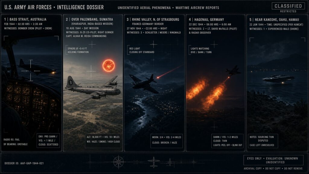 Five-panel WWII dossier collage: Bass Strait bomber pacing, Sumatra B-29 orange sphere, the first Foo Fighter over Strasbourg, Hagenau twin orange lights, and Kaneohe Hawaii shoreline craft, all 1944