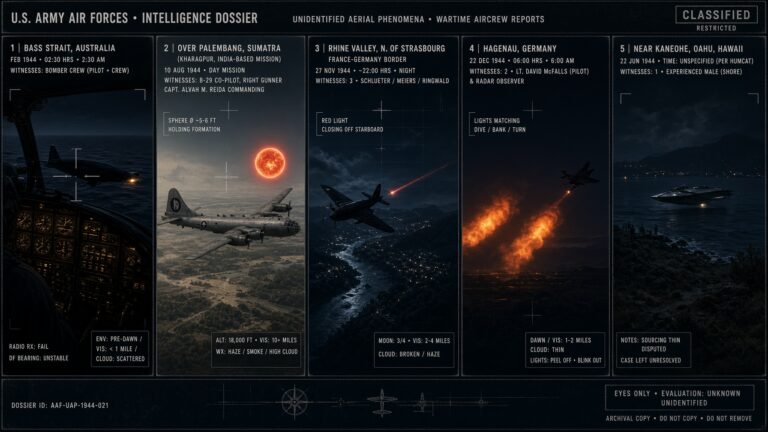 Five-panel WWII dossier collage: Bass Strait bomber pacing, Sumatra B-29 orange sphere, the first Foo Fighter over Strasbourg, Hagenau twin orange lights, and Kaneohe Hawaii shoreline craft, all 1944