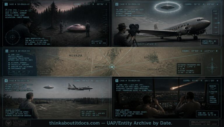 Five-panel collage of June 1950 UFO sightings including Hasselbach East Germany, Louisville Kentucky, and the June 24 multi-state event