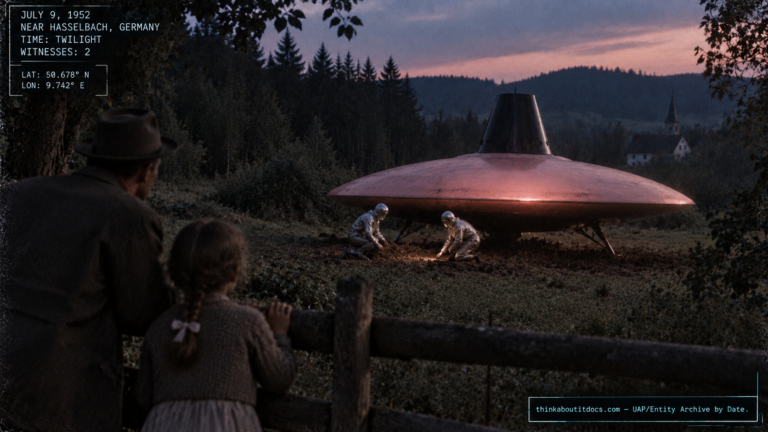 Illustration of the 1952 Hasselbach, Germany UFO encounter witnessed by Oscar Linke and his daughter Gabrielle