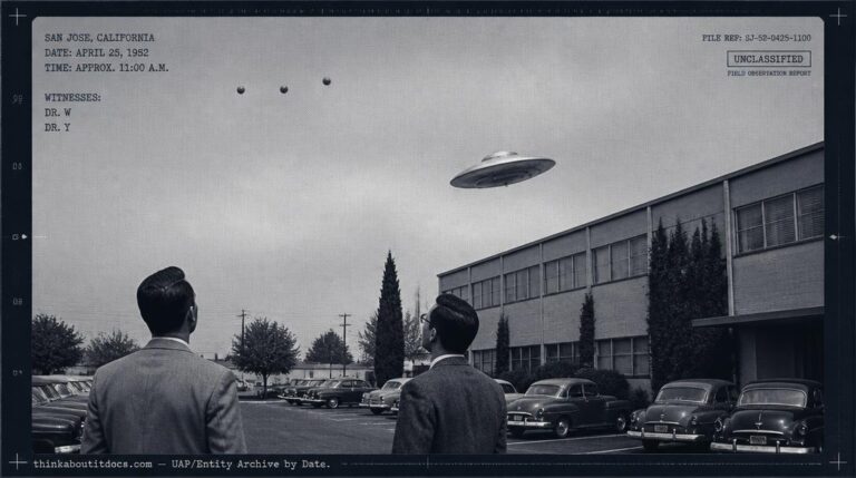 Dossier-style illustration of the 1952 San Jose, California scientist sighting showing two witnesses watching a low-flying metallic disc with three large black spherical objects at high altitude