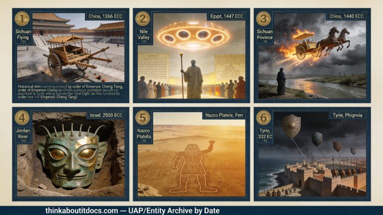 Six-panel dossier collage of Bronze and Iron Age UFO and entity accounts spanning 1766 BCE China to 332 BCE Phoenicia, including Sanxingdui and the Nazca astronaut figure