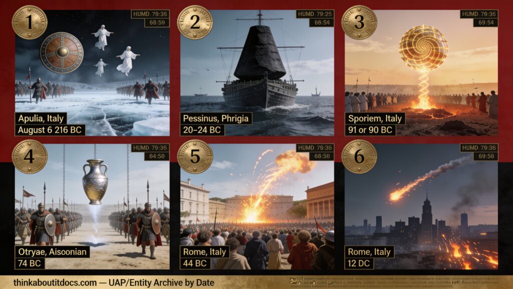 Six-panel dossier collage of verified Roman prodigy-record UAP accounts spanning 216 BC Cannae to 12 BC Rome, including Caesar's Comet and the Cybele meteorite