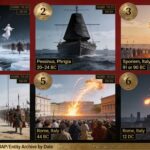 Six-panel dossier collage of verified Roman prodigy-record UAP accounts spanning 216 BC Cannae to 12 BC Rome, including Caesar's Comet and the Cybele meteorite