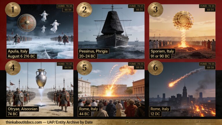 Six-panel dossier collage of verified Roman prodigy-record UAP accounts spanning 216 BC Cannae to 12 BC Rome, including Caesar's Comet and the Cybele meteorite