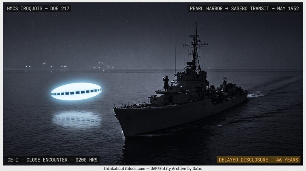 Dossier-style reconstruction of the May 1952 HMCS Iroquois CE-I encounter showing a Tribal-class destroyer at night in the Pacific west of Pearl Harbor with a brightly glowing oval disc with black windows hovering off the port bow at low elevation while a naval officer on the bridge wing observes through binoculars and scattered formation lights appear on the southern horizon