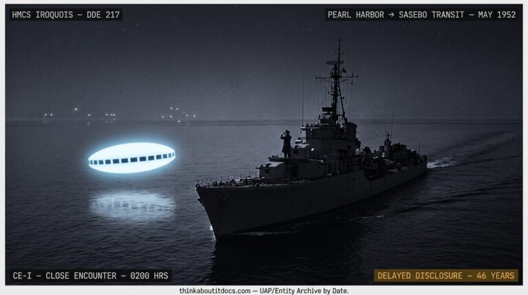 Dossier-style reconstruction of the May 1952 HMCS Iroquois CE-I encounter showing a Tribal-class destroyer at night in the Pacific west of Pearl Harbor with a brightly glowing oval disc with black windows hovering off the port bow at low elevation while a naval officer on the bridge wing observes through binoculars and scattered formation lights appear on the southern horizon