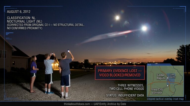 Intelligence-dossier reconstruction of the August 6 2012 Cedar Rapids Iowa NL showing three witnesses filming a brilliant point-source light near the moon with cell phones as a motion streak indicates the object's rapid erratic departure across a warm summer night sky