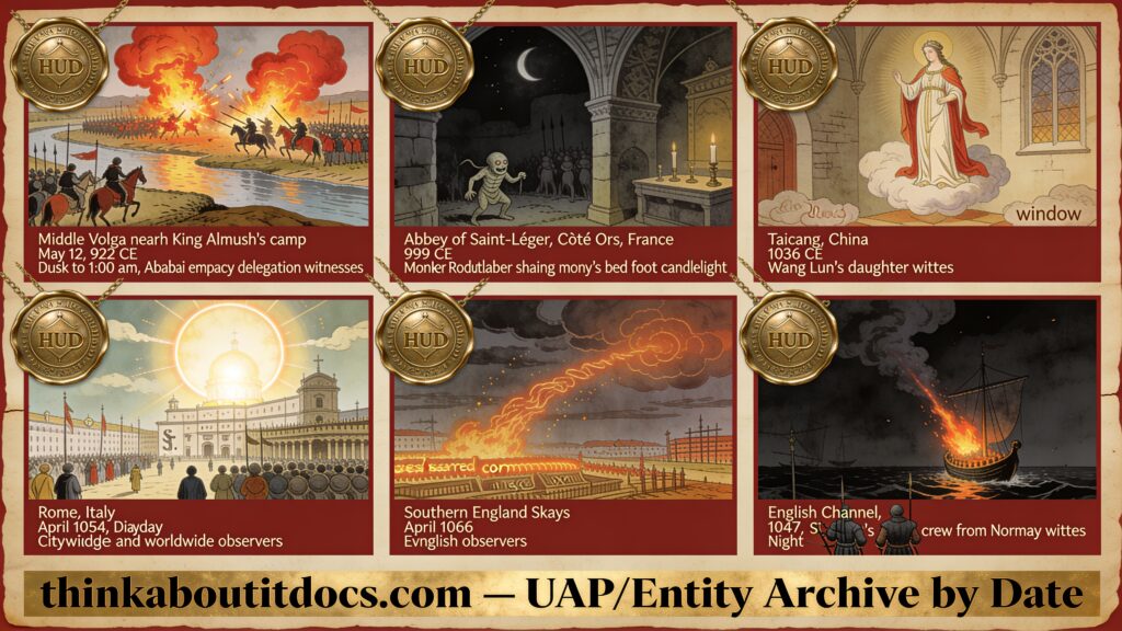 Six-panel dossier collage of Early Medieval UFO and entity accounts spanning 922 CE Volga Bulgaria to 1067 CE the English Channel, including Halley's Comet over the Bayeux Tapestry