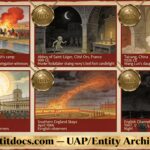 Six-panel dossier collage of Early Medieval UFO and entity accounts spanning 922 CE Volga Bulgaria to 1067 CE the English Channel, including Halley's Comet over the Bayeux Tapestry
