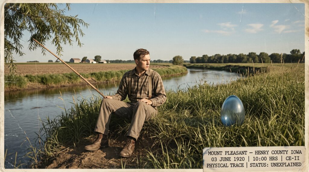 Illustration of the June 3 1920 Mount Pleasant Iowa CE-II landing showing farmer Clark Linch frozen in attention on a summer riverbank as a small blue translucent egg-shaped object approximately the size of a cream can sits motionless in the grass fifteen feet from him on a quiet Iowa morning