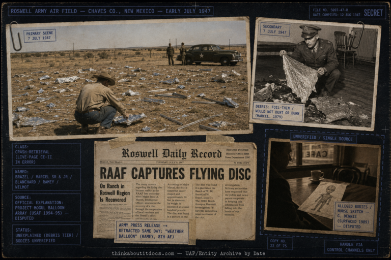 Multi-element intelligence dossier collage for the 1947 Roswell incident rendered in restrained early-postwar color and black-and-white press plates, showing a primary daylight panel of a flat New Mexico ranch pasture strewn with thin crumpled foil-like metal debris and slender struts with a lone rancher crouched examining a piece and an Army staff car at the field edge, a black-and-white inset of an officer holding up foil-thin crumpled material evoking the wouldn't-dent wouldn't-burn testimony, an aged newsprint inset of the Roswell Daily Record July 8 1947 front page headline RAAF Captures Flying Disc, and a separate dashed-border unverified single-source panel showing a coffee-shop napkin with a crude small large-headed figure sketch attributed to mortician Glenn Dennis, with HUD overlays marking the named witnesses Brazel Marcel Blanchard and Ramey, the crash-retrieval classification with a note that the live-page CE-II is in error, the disputed Project Mogul official explanation, and an Unexplained debris-tier status with bodies unverified, and a lower strip reading thinkaboutitdocs.com — UAP/Entity Archive by Date
