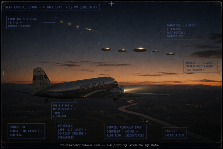 Single panel intelligence dossier image for the July 4 1947 United Air Lines Flight 105 sighting rendered in muted early-postwar color showing a 1947 United DC-3 airliner in flight at twilight near Emmett Idaho with its landing lights on, against a dusk sky grading from indigo overhead to a low warm amber horizon band over silhouetted ridgelines, with two separate formations of wingless flat-bottomed rounded-top disc-shaped objects ahead and above the aircraft, a nearer group of five with one larger and a farther higher group of four in a three-plus-one arrangement, one streaked as if speeding away, with HUD overlays marking the two formations, the wingless tailless larger-than-aircraft description, the Flight 105 Boise-to-Seattle climb-out at about 8000 feet, the dusk DD classification with a nocturnal caveat and Blue Book number 34, the witnesses Captain Emil Smith co-pilot Ralph Stevens and a stewardess, the McDonald 1968 Congressional and Haines sources with the Blue Book Unidentified listing, and the Unexplained status, with a lower strip reading thinkaboutitdocs.com — UAP/Entity Archive by Date