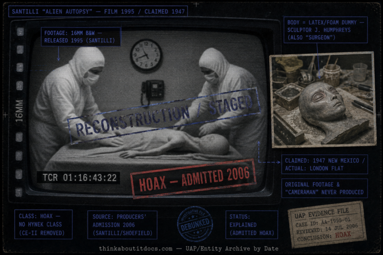 Single panel intelligence dossier image for the Santilli alien autopsy film rendered as a degraded 1990s video evidence-board composite showing a grainy slightly out-of-focus black-and-white autopsy-room frame with two masked hooded figures in white bio-hazard suits bent over a draped table holding an indistinct shadowed humanoid form with a period 1940s clock and telephone behind, presented as a filmstrip still with a 16mm sprocket edge and timecode bar, overlaid with bold RECONSTRUCTION STAGED and HOAX ADMITTED 2006 stamps and a small inset evidence card of a latex foam dummy head on a workbench, with HUD overlays marking the 1995 Santilli footage, the body as a latex dummy by sculptor John Humphreys who also played a surgeon, the claimed 1947 New Mexico versus actual London production, the never-produced original footage and cameraman, the removal of the invalid CE-II classification, the producers 2006 admission source, and the Explained admitted hoax status, with a lower strip reading thinkaboutitdocs.com — UAP/Entity Archive by Date