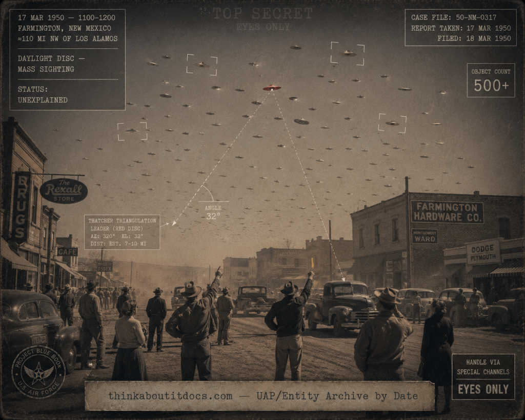 Dossier-style reconstruction of the March 17 1950 Farmington New Mexico UFO armada showing townspeople on a dust-hazed Main Street pointing upward at dozens of small silvery discs scattered across a pale sky with one larger red "leader" disc ahead of them, slowed cars in the street, overlaid with triangulation and reticle HUD elements and stenciled date, location, and "Status: Unexplained" stamps, in a muted dust-shifted indigo-charcoal register with a single red accent.