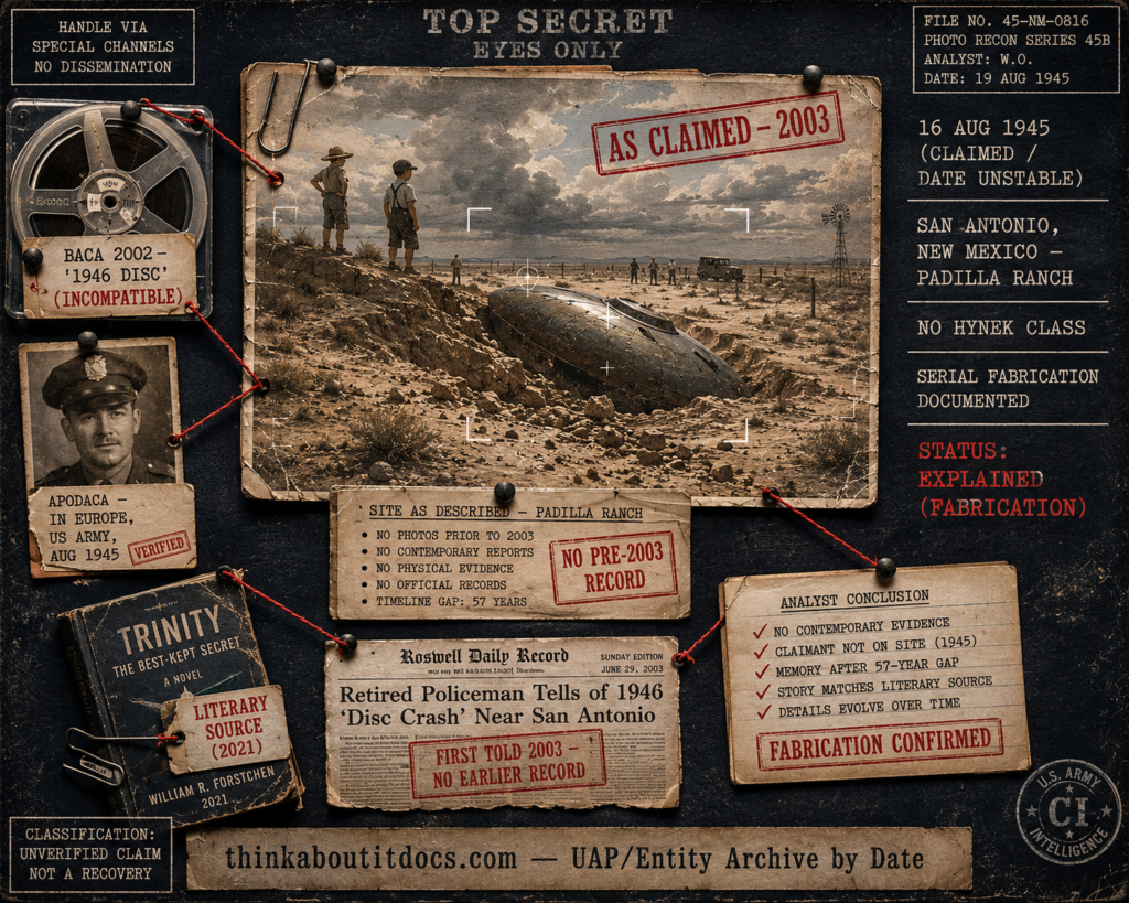 Dossier-style investigative evidence board for the 1945 San Antonio New Mexico UFO crash claim, showing a pinned "as claimed 2003" illustration of an avocado-shaped craft in a desert gouge with two boys on a ridge, surrounded by red-string-linked evidence cards — a 2002 tape of an incompatible "1946 disc" story, a card noting witness Eddie Apodaca was in Europe with the Army in 1945, the 2021 Trinity book, and a "no earlier record" clipping — overlaid with HUD stamps reading no Hynek class and Status: Explained (fabrication), in a muted 1945-era register with a single dull-red accent.