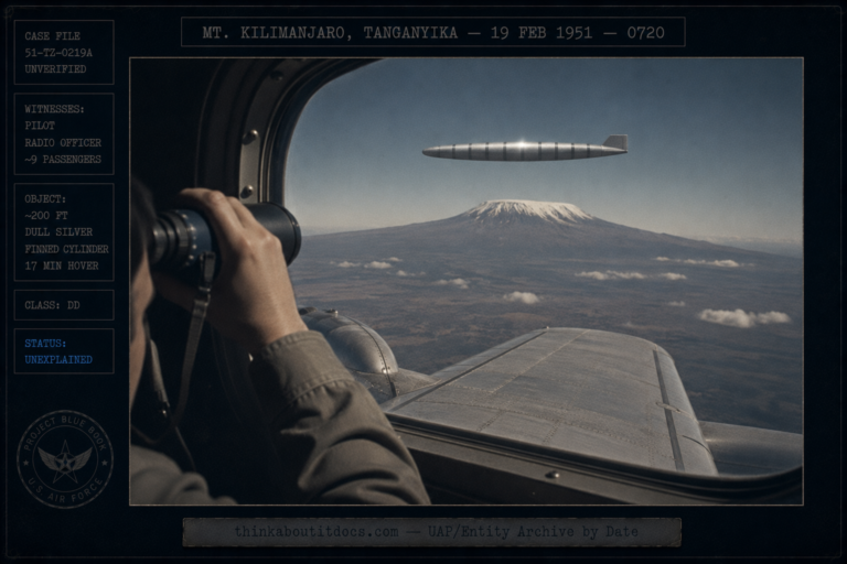 Dossier-style 1951 scene from inside an East African Airways Lodestar showing a passenger's binoculars and, beyond the wing, a dull-silver finned cylindrical object with dark bands hovering above snow-capped Kilimanjaro, marked DD and Unexplained
