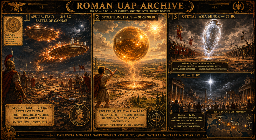 Three-panel military archive dossier illustration depicting key ancient UAP cases from 328 BC to 0 BC: left panel shows circular shield-shaped objects with figures in white robes above the Battle of Cannae 216 BC with both armies frozen; center panel shows a golden globe ascending from a scorched field at Spoletium 91 BC; right panel split between the wine-jar-shaped silver object descending between two armies at Otryae 74 BC and the hovering comet-like object over Rome in 12 BC, rendered in deep Pompeian red-black dossier style with antique brass HUD annotations.