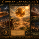Three-panel military archive dossier illustration depicting key ancient UAP cases from 328 BC to 0 BC: left panel shows circular shield-shaped objects with figures in white robes above the Battle of Cannae 216 BC with both armies frozen; center panel shows a golden globe ascending from a scorched field at Spoletium 91 BC; right panel split between the wine-jar-shaped silver object descending between two armies at Otryae 74 BC and the hovering comet-like object over Rome in 12 BC, rendered in deep Pompeian red-black dossier style with antique brass HUD annotations.