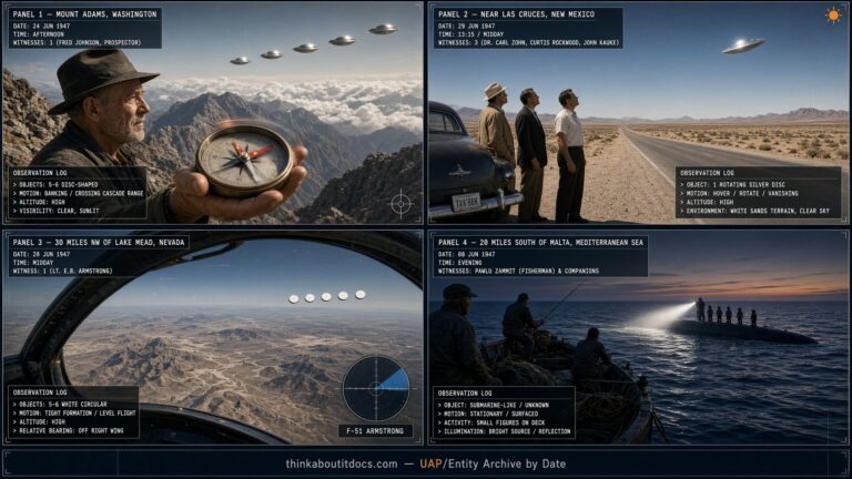 Four-panel dossier collage: Fred Johnson's Mount Adams compass sighting, the White Sands rocket scientists' disc, the Lake Mead Nevada formation, and the Malta little men submarine, all June 1947