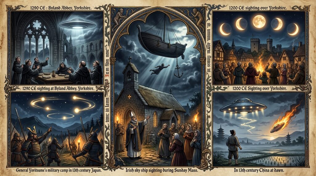 Collage of 13th century CE UFO and UAP sightings including Byland Abbey silver disc England, five moons Yorkshire, Irish church anchor ship, Japanese military lights, and Chinese domed craft