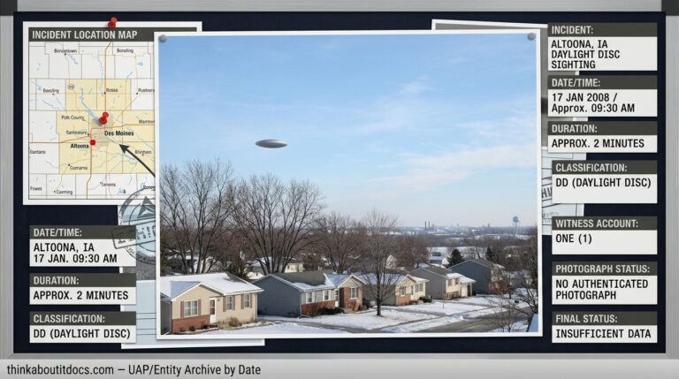 Intelligence-dossier reconstruction of the January 17 2008 Altoona Iowa DD showing a featureless metallic oval moving across a clear January morning sky above a suburban Iowa streetscape with bare winter trees