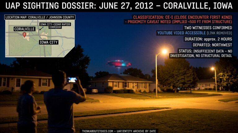 Intelligence-dossier reconstruction of the June 27 2012 Coralville, Iowa two-hour hovering sighting showing a red-and-bluish object hovering stationary above a suburban house roofline as two figures stand in the front yard filming with a cell phone under warm sodium streetlights on a summer night