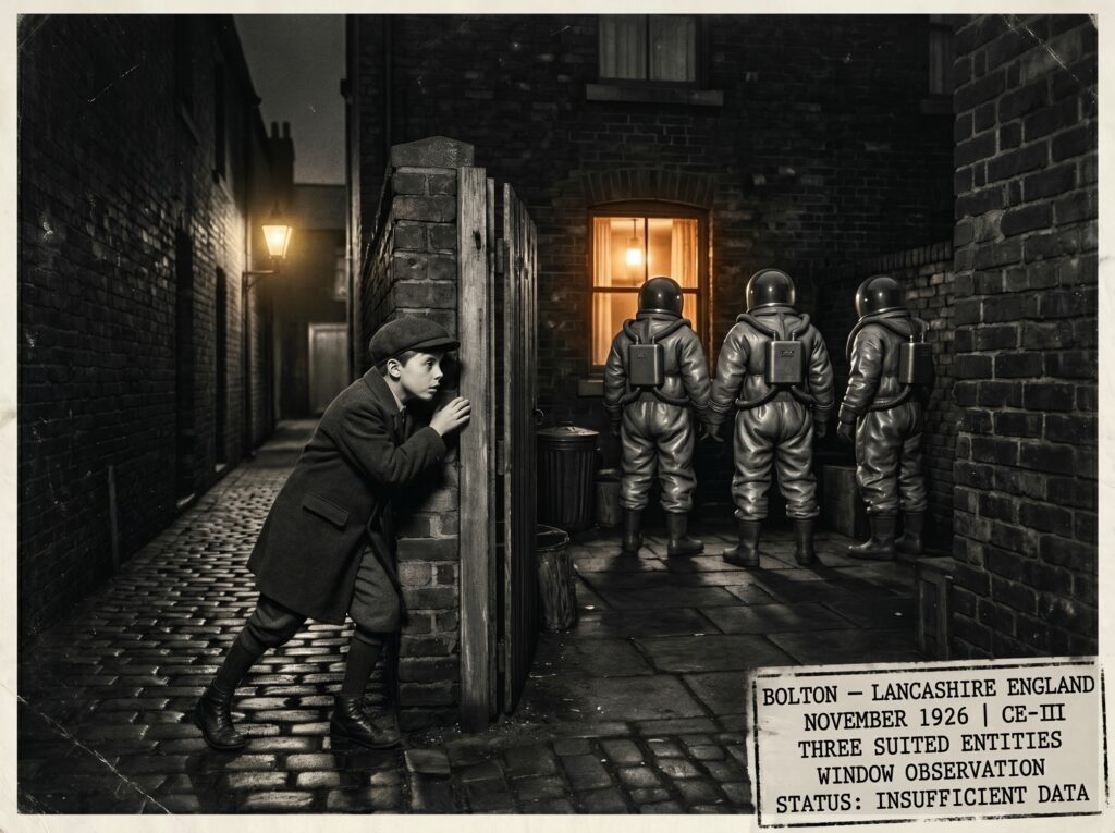 Illustration of the November 1926 Bolton Lancashire CE-III encounter showing young Henry Thomas frozen at an open back gate as three bulky suited figures in silver-grey rubber tube suits with transparent dome helmets connected to back-mounted tanks stand with their backs to him peering through an amber-lit house window in a brick yard